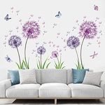 TOARTI Purple Dandelion Flower Wall Decals, (54pcs,) Purple Butterfly Flower Wall Stickers Girl Bedroom Decor, Plant Wall Art Stickers, Dandelion Floral Wall Decal for Girls Room Living Room Baby Nursery Room Wall Decor