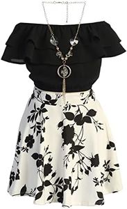 Cold Shoulder Crop Top Ruffle Layered Top Flower Girl Skirt Sets for Girl, Black, 12