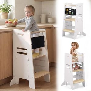 Labebe Montessori Lernturm ab 1 Jahr, 3-in-1 Learning Tower mit Tafel & Sitzbrett, 3-Fach höhenverstellbar, kippsicherer Küchenhelfer aus Holz für Kinder