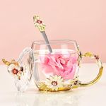 Wisolt Mindfulness Gifts for Women Christmas Presents for Women Flower Glass Tea Cup Gifts for Mother in Law Anniversary Valentines Mothers Day Gifts Glass Coffee Cup Mugs with Spoon and Lid