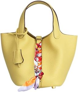 Lafillmiss Leather Handbag (Scarf Detaches) Genuine Leather Bucket Bag for Women,Market Tote Bags with Metal Clasp(Chick Yellow-gold)