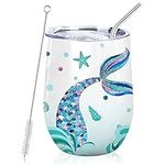 NymphFable 12oz Mermaid Cup for Women Wine Tumbler with Lid and Straw Stainless Steel Insulated Travel Mug Double Wall