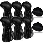 6 Pieces Black Silky Durags with Long Tail and 2 Pieces Satin Wave Cap, Pack Do Rags for Men 360 Waves