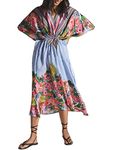 Bsubseach Floral Print Kaftan Dresses Beach Bathing Suit Cover Ups for Women Maxi Dress with Drawstring