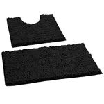 LuxUrux Luxury Chenille (2-Piece) Bath Mat Set, Soft Plush Anti-Slip Rug + Toilet Mat.1'' Microfiber Shaggy Carpet, Super Absorbent (Black, 80 x 50 cm + U Shaped 50 x 50 cm)