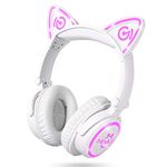 MindKoo Wireless Headphones Over Ear - Cat Ear Bluetooth Headphones with LED Light, Foldable Headset with Soft Earmuff for Cellphones/Tablets/PC/TV, White