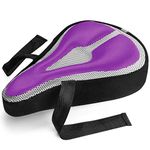 Padded Bike Seat Cushion Cover: Comfortable, Durable Gel Bicycle Pillow Pad for Mountain Bikes, Road Bikes, Cruiser Bikes, & Exercise or Spin Bikes - Black Saddle Padding Support for Adults (Purple)