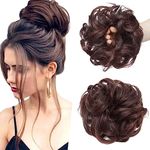 Hairro Messy Hair Bun Extensions Fake Bun Hair Piece Curly Wavy Updo Ponytail Scrunchies Synthetic Hairpiece for Women Natural Black Mix Dark Auburn 25g/pc