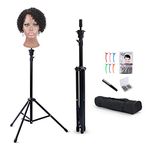 Reinforced Wig Stand Tripod Mannequin Head Stand, Adjustable Wig Head Stand Holder for Cosmetology Hairdressing Training with T-with Wig Caps, T-Pins, Comb, Hair Clip, Carrying Bag