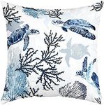 Turtle Throw Pillow Cover, White Blue Hawaiian Turtle Pillow Cover for Bedroom Living Room, Retro Reptile Sea Turtle Decorative Pillow Cover, Coastal Beach Theme Cushion Case, 18x18 Set of 1