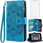 Asuwish Compatible with iPhone 6 6s Wallet Case and Tempered Glass Screen Protector Flip Card Holder Cell Phone Cover for iPhone6 Six i6 S iPhone6s iPhine6s iPhones6s i Phone6s Phone6 6a S6 Women Blue