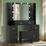 DWVO Dressing Table, Vanity Table Set with Built-in Power Hub, Makeup Table with Cosmetic Mirror and Display Stand & Compartments, 3 Illumination Settings, Storage Stool, Bedroom, Dark Black