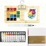 Mini Watercolor Travel Set with 15-Well Bamboo Palette and Sketchbook