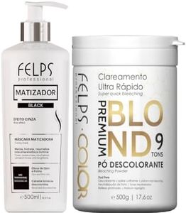 Kit Felps Professional Black 4K Toner Hair Mask 500ml, Premium Blond 9 Tones Bleaching Powder 500g, Gray Effect Treatment Kit for Color-Treated Hair