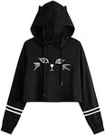 SweatyRocks Women's Long Sleeve Hoodie Crop Top Cat Print Pullover Sweatshirt Stripe Black M