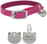 Genuine Leather Cat Collar with Safety Elastic & Bell with Personalised Engraved Cat Face Tag (Pink)