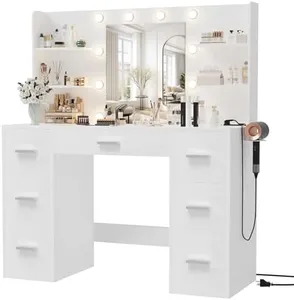 Furmax Vanity Desk with Mirror, LED Lights and Power Outlet Makeup Vanity Table with 7 Drawers and 6 Storage Shelves Dressing Table for Bedroom Dressing Room (White)