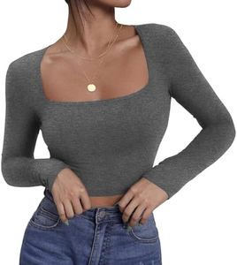 Ekouaer Womens Long Sleeve Shirts Slim Fitted Tops Base Layer Square Neck Shirt Cotton Stretchy T Shirt Grey