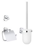 GROHE Start QuickFix 3-in-1 Toilet Accessories Set (Toilet Roll Holder with Cover, Toilet Brush, Robe Hook), Extra Easy to Fit with GROHE QuickGlue, Chrome, 41204000