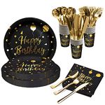 175PCS Black and Gold Party Supplies Set, Happy Birthday Party Tableware Dinnerware Set - Paper Plates Napkins Cups, Reusable Forks Knives Spoons for Birthday (25 Guest)