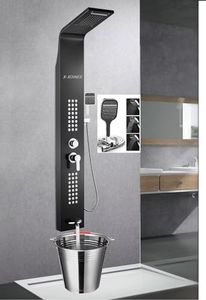 X-XONIER® Stainless Steel 304 Grade shower Panel 5in1+ Large 3Ways Hand shower Tower System With LED Rainfall Waterfall 2Body Massage 4Mist Spray Temperature Display Panel.(Black)