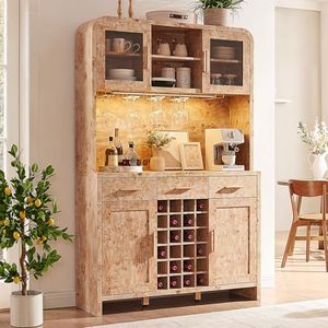EliteSet 77" Tall Wine Bar Cabinet with Storage Hutch and 3 Drawers, Coffee Bar Cabinet with LED Lights and 24 Bottle Wine Rack for Home Dining Room Kitchen, Light Burl