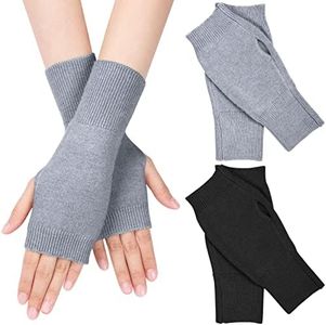 MELLIEX 2 Paia di Guanti Senza Dita Scaldapolsi In Cashmere Guanti Termici Neri e Grigi con Foro per Il Pollice