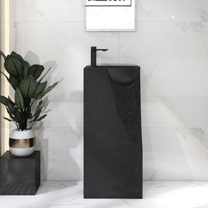 COGITIL 34" Japandi Stone Resin Pedestal Bathroom Sink, Farmhouse Freestanding Sink Modern Black One-Piece for Vessel Faucets