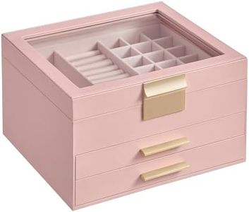SONGMICS GISELLA Collection - Jewelry Box Organizer, 3-Layer Jewelry Storage with 2 Drawers, Shiny Metal Hardware, Glass Lid, Modern, 8 x 9.1 x 5.3 Inches, Jelly Pink and Gold Color UJBC239SA01S