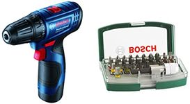 Bosch 06019G80F1 GSR120-Li Cordless Drill Driver, 12V Single Battery with 2607017063 Screwdriver Bit Set (Grey, 32-Pieces) Combo