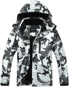 Pooluly Men's Ski Jacket Warm Winter Waterproof Windbreaker Hooded Raincoat Snowboarding Jackets, Black Print, XX-Large