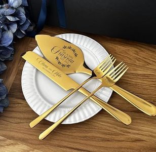 GYSLVTE Personalized Wedding Cake Knife and Server Set, Custom Engraved Cake Cutting Set with Forks, Gold Stainless Steel, Dishwasher Safe