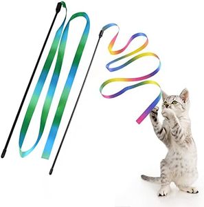 LASOCUHOO Interactive Cat Rainbow Wand Toys, Interactive Cat Teaser Wand String, Colorful Ribbon Charmer for Most Cats and Kittens - 2 PCS