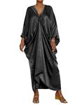 Bsubseach Kimono Caftan Dresses for Women Satin V-Neck Mumu Caftan Plus Size bubu Dress Long Maxi Beach Covr Up Black