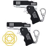 2 Packs Rubber Band Gun Toy Metal Folding Rubber Gun Mini Rubber Launcher Toy Gun with Keychain for Shooting Game Outdoor Activities(Black)