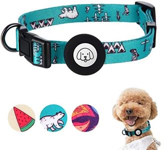 Adjustable Soft Airtag Dog Collar, Print Flower Multicolor Cute Patterns Polyester Dog Collar with Silicone Apple Air Tag Holder Case for Small Medium Large Dogs Girl Boy Puppy (S, Blue Bear)