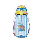 Attro Teddu 550ml Cute and Convenient Cartoon Printed Kids Tritan Water Bottle with 2 Side Handles, Strap & Straw Lid BPA-Free,Leak-Proof-Perfect for School,Sports and Travel-Blue