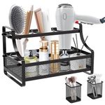 PouHenier.jh Bathroom Hair Blow Dryer Holder and Hot Tool Organizer Wall Mounted, Countertop Hair Appliance Caddy Shelf with 2 Cups, Metal Vanity Storage Rack for Straightener and Curling Iron (Black)