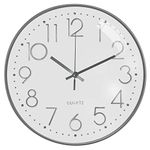 TOPPTIK 12 Inch Wall Clock Non Ticking Silent, Round Clock Quartz Battery Operated, Easy to Read for Home Living Room Office Classroom School Kitchen Bedroom Decor(White- Silver)