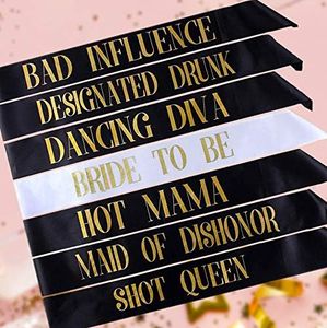 CoolerthingsDG, with 7 Pack Hen Party Sash - 1 White Bride to Be Sash, 6 Black Team Bride Tribe Hen Do Sash for Girls Hen Night Out Bridal Shower Wedding Bachelorette Party Accessories