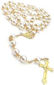 Rosary Beads Catholic for Women Girls, First Holy Communion Rosary Gifts for Girls Catholic, Gold White Rosary Necklace for Women Imitation Pearl Beads Necklace Rosarios Catolicos, Alloy, Gold Plated