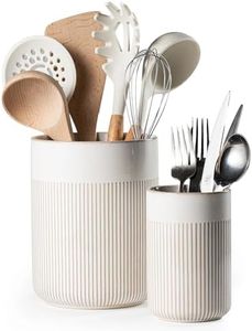 MIKIGEY Utensil Holder, 7.3”+5.4” Ceramic Cooking Utensil Organizer, Kitchen Utensil Holder for Countertop, Utensil Crock for Farmhouse Kitchen Decor, Set of 2, Arctic White