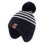 PEECABE Toddler Winter Hat Boys Girls Striped Knitted Beanie Pompom Kids Cold Weather Hat Scarf Set 9M-8Y (A-Navy, L)