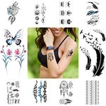 Temporary Tattoo Stickers for Women,Fake Tattoos Waterproof Body Art Arm Sketch Tattoo Stickers dream catcher peacock feather Words flower 3D Realistic Tatoo Stickers for Women and men (10 Sheets)