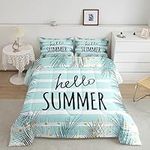 Erosebridal Summer Comforter Set Full Palm Tree Leaves Bedding Set, Tropical Plants Down Comforter Teal Stripe Bed Set, Botanical Theme Quilted Duvet with 2 Pillowcases Lightweight 3pcs