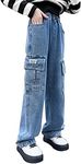 SEAUR Girls Casual Loose Cargo Jeans Kids Baggy Wide Leg Jeans Elastic Waist Y2K Denim Pants with Flap Pockets Blue 10-11 Years