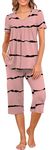 LAOLASI Women's 2 Piece Pajamas Set Short Sleeve Shirt and Capri Pants Lounge Sleepwear Ladies Pjs Sets with Pockets,Bean Red Stripe,Large