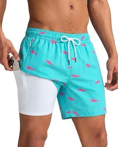 maamgic Mens Swim Trunks with Compression Liner 5 Inch, Quick Dry Bathing Suit with Zipper Pockets, Stretch No-Chafing Swim Shorts, SkyBlue-Pink Shark Medium
