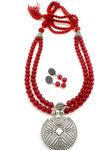 Sreevee Handmade German Silver Oxidised Pendant with Maroon Beads dori Necklace and Matching Dangle Earring Jewellery Set For Women