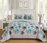 Luxury Home Collection 3 Piece King/California King Quilted Reversible Coverlet Bedspread Set Floral Printed Turquoise White Gray